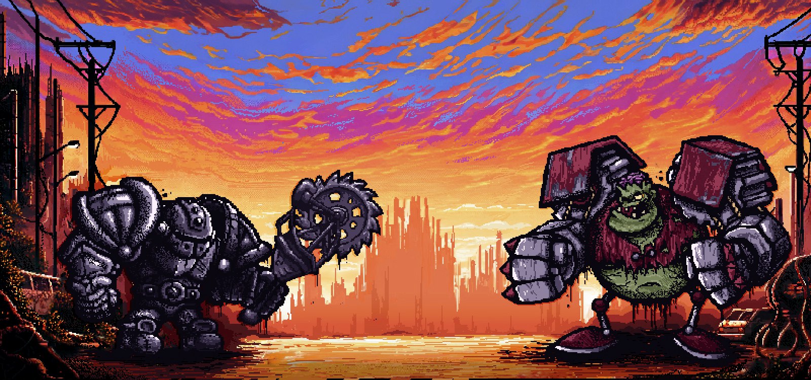 Mutant battle scene with sunset background